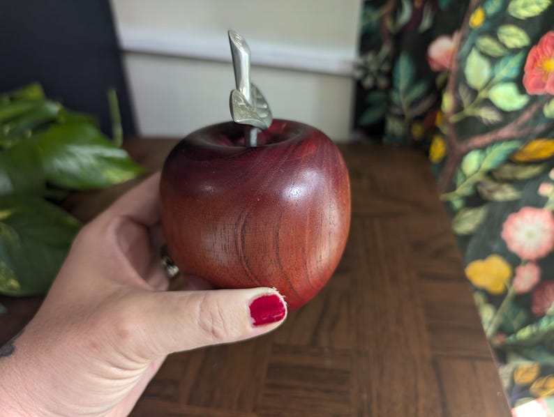 K&ouml;nnte beinhalten: Ein Holzapfel mit dunkelroter Oberfl&auml;che und einem silbernen Metallblatt und -stiel. Der Apfel wird in einer Hand gehalten. Der Hintergrund umfasst gr&uuml;ne Pflanzen und einen floral gemusterten Vorhang.