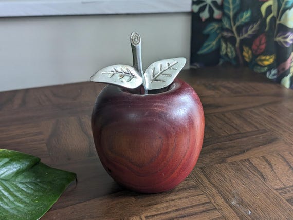 Vintage Wood and Metal Apple Figurine Mid-Century Modern Paperweigth