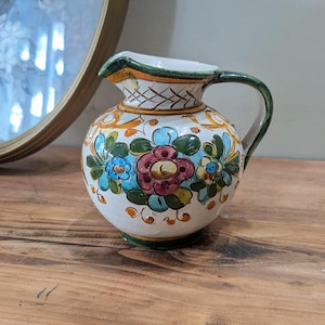 Vintage Italian Deruta-Style Pottery Jug with Sgraffito Detailing Floral Pitcher (no mark)