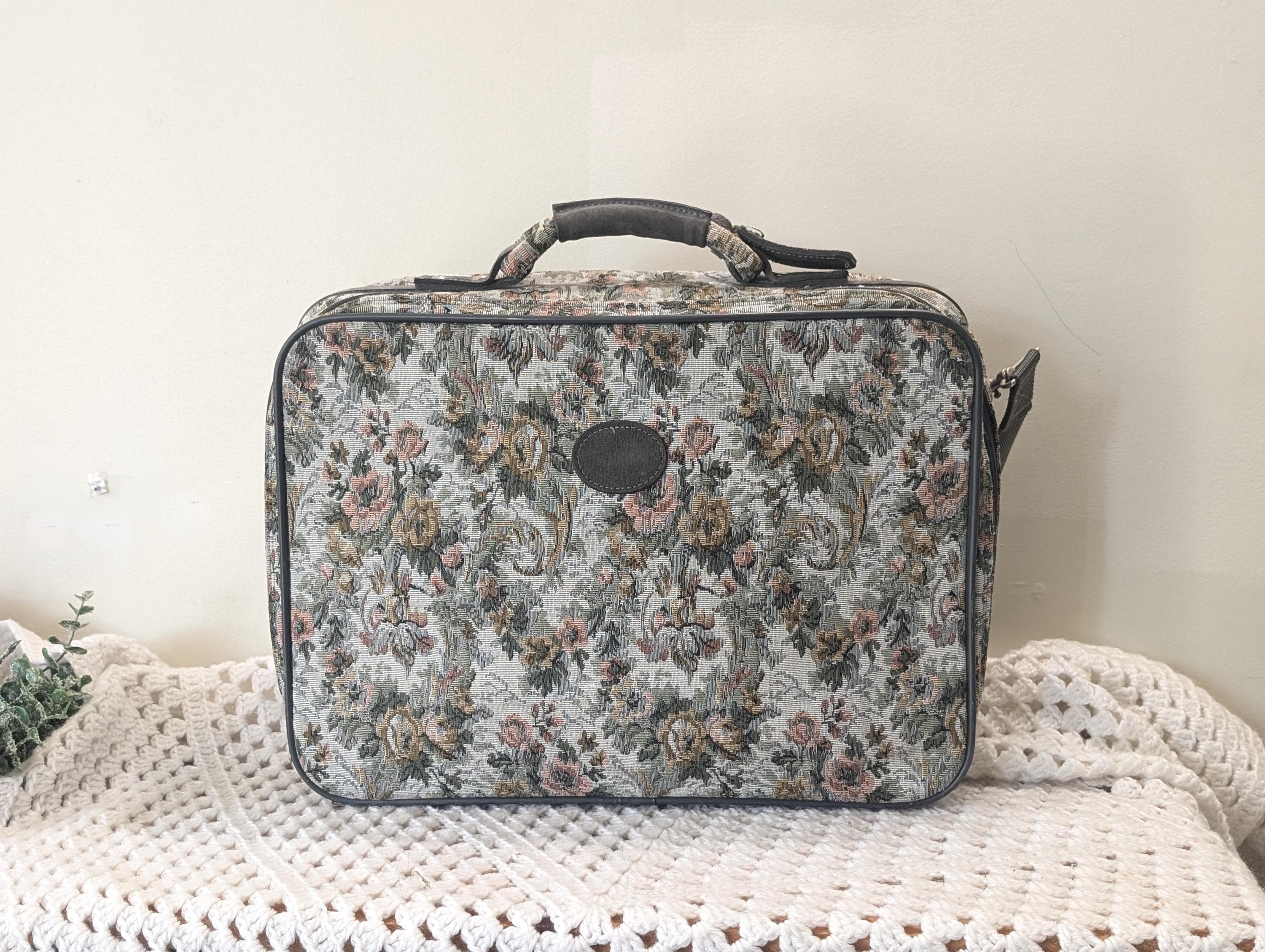 Vintage Tapestry Suitcase: Pegasus Floral Travel Bag, 90s Made in