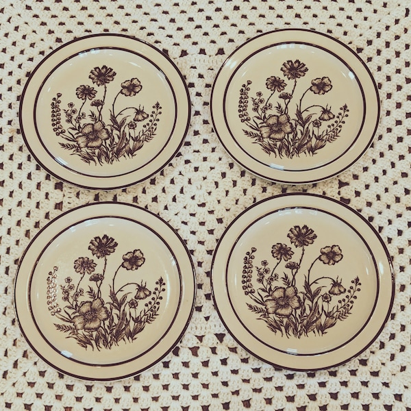 Vintage 1970 braune Blumen Set von 4 Speisetellern Mid Century Sango Summer Retro Einzelteller