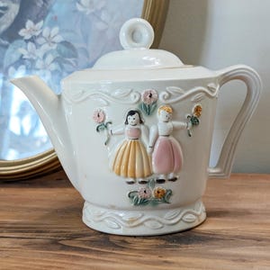 Vintage Porcelier Stoneware Teapot: USA Hand-Painted Folk Art Cottagecore Decor