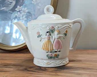 Vintage Porcelier Vitreous China Teapot, Dutch Boy & Girl, Art Deco Kitchenware