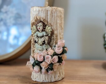 Vintage Angel Pillar Candle - Shabby Chic Fabric Roses, Victorian Decor