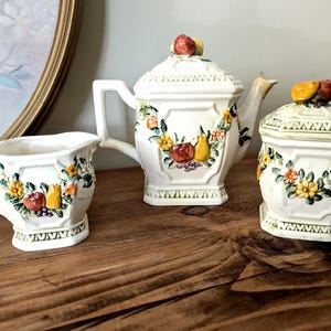 Vitage Lefton Tea Pot Set sugar bowl creamer raised flowers fruit coffee set