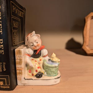 Vintage miniature book end made in Japan porcelain figurine girl with bird