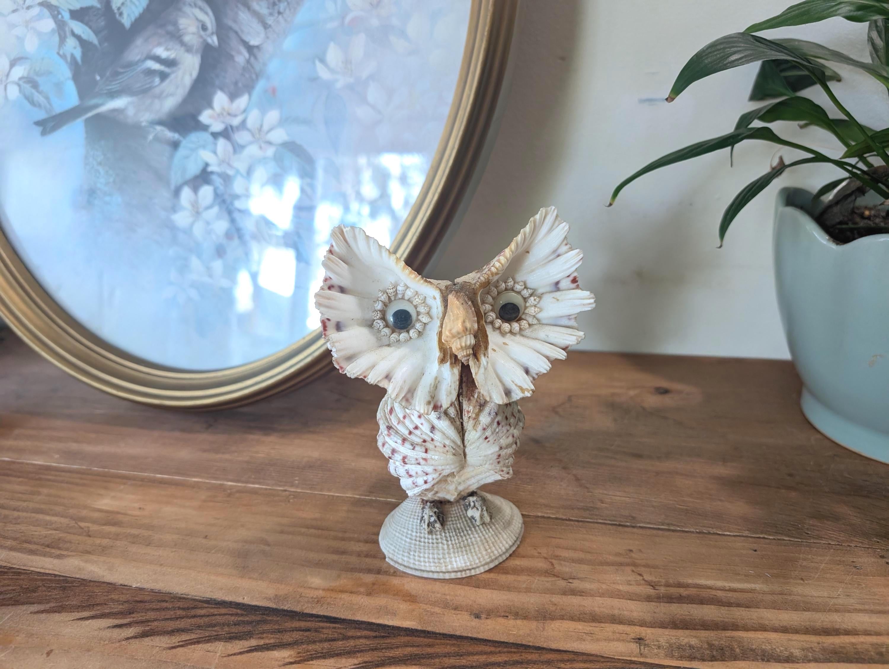 Vintage Handmade shell owl figurine seashell art coastal beach decor nautical owl sculpture ocean de
