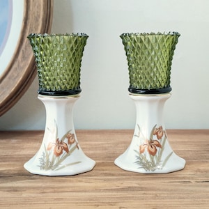 Vintage Green Diamond Glass Candle Holders with Floral Porcelain Base - Set of 2