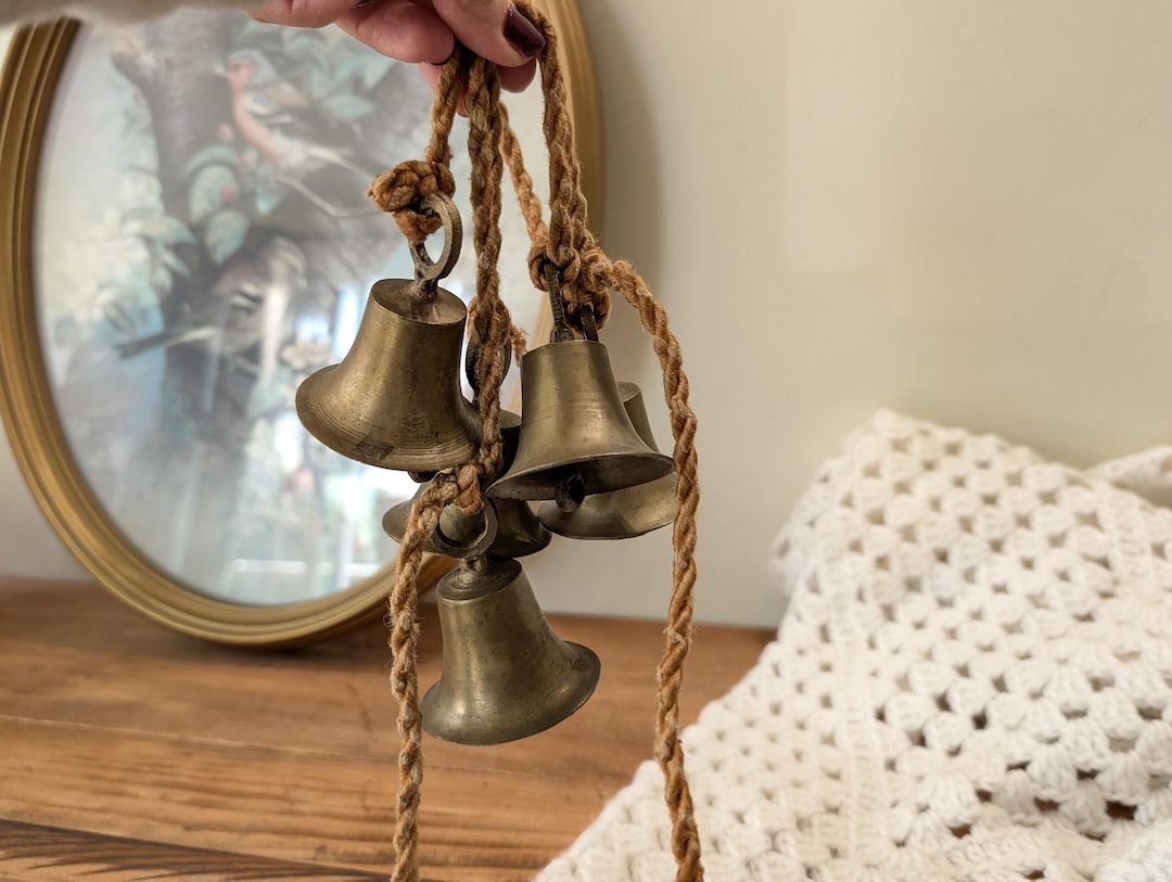 Vintage Brass Bells on Jute Rope – Rustic Farmhouse Door Hanger Set of ...