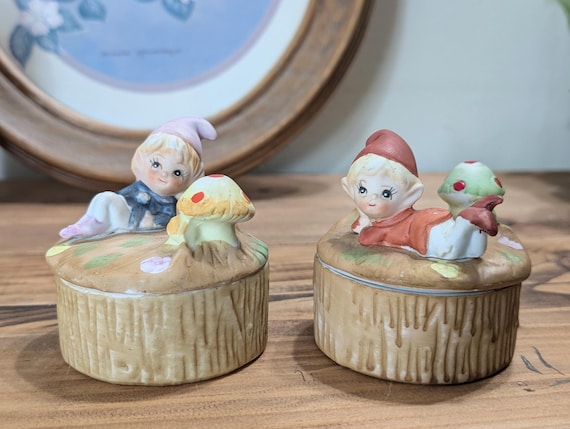 Vintage Homco Pixie Mushroom Trinket Box: Porcelain Elf Jewelry Dish