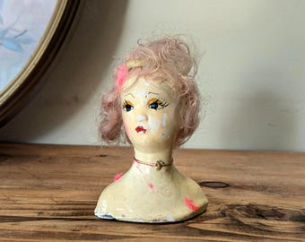 Antique Chalkware Woman Bust Sculpture Head