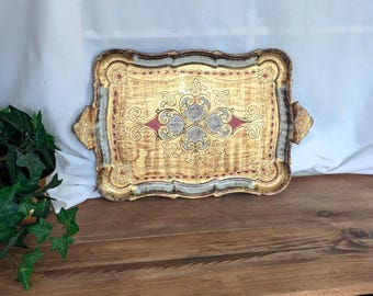 Vintage Florentine Tray Italy Gold Red White large Wooden Tray with Handle