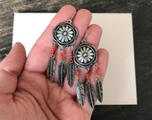 Vintage Native American Style Earrings - Hanging Leaf Earrings - Silver and Red