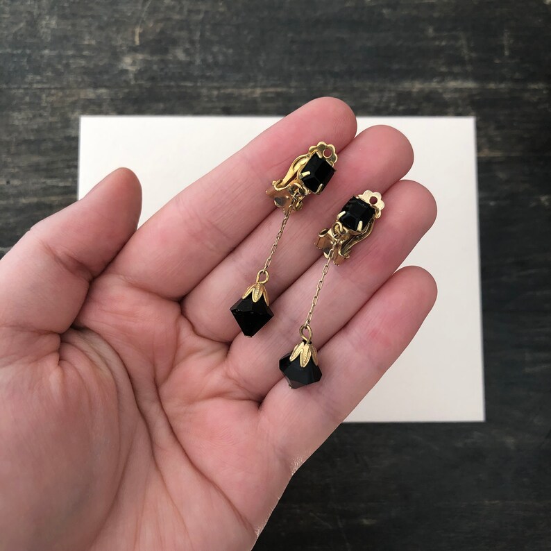 Sleek Black and Gold Clip on Earrings Elegant Evening Earrings Vintage Clip Earrings