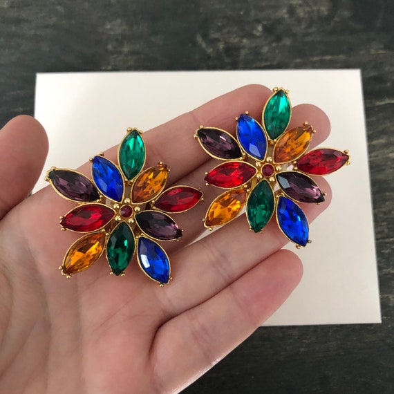 Vintage Clip on Earrings - 1980s Colorful Rhinesto