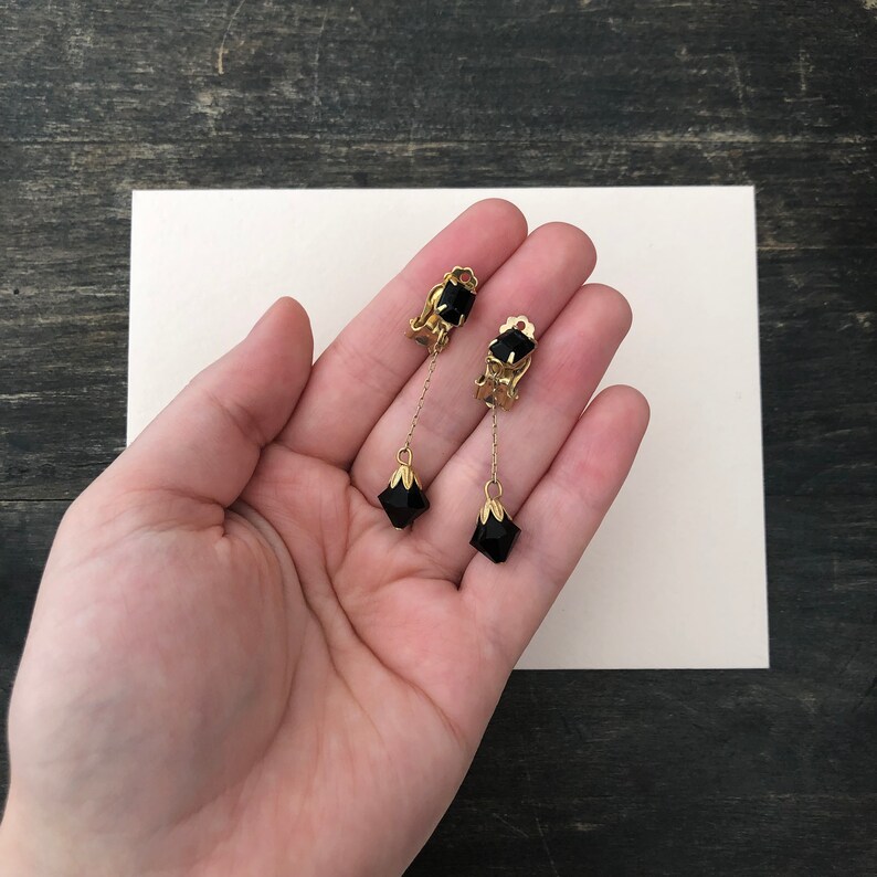 Sleek Black and Gold Clip on Earrings Elegant Evening Earrings Vintage Clip Earrings