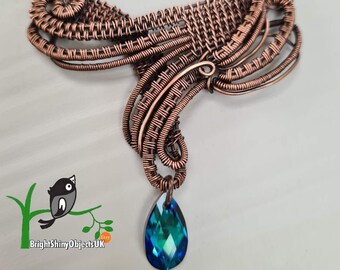 Copper Wire Woven Necklace with Swarovski Bermuda Blue Drop