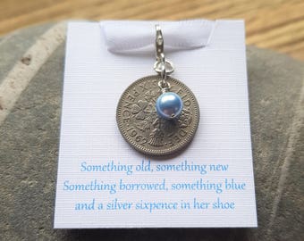 Brides Gift Lucky Sixpence Swarovski Blue Pearl Charm Something Blue Silver Sixpence Bouquet Charm Brides Gift Wedding Gift