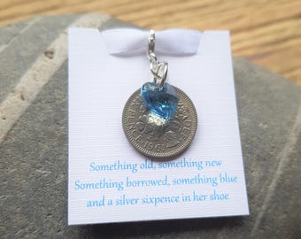 Brides Gift Lucky Sixpence Swarovski Aqua Blue Heart Charm Something Blue Silver Sixpence Bouquet Charm Something Old Brides Gift