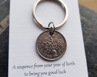 Geburtsdatum Schlüsselanhänger 1966, Lucky Sixpence Schlüsselanhänger, Geburtstagsgeschenk für Männer, Jahr der Geburt 1966, Geschenk 60.