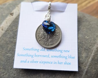 Brides Gift Lucky Sixpence Swarovski Bermuda Blue Heart Charm Something Blue Silver Sixpence Bouquet Charm Something Old Brides Gift