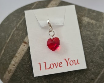 Love Token, I Love You gift, Swarovski Heart Charm, Love Gift, Gift for Girlfriend, Sterling Silver Charm, Red Heart Charm