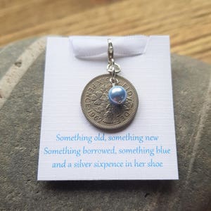 Brides Gift Lucky Sixpence Swarovski Blue Pearl Charm Something Blue Silver Sixpence Bouquet Charm Brides Gift Wedding Gift