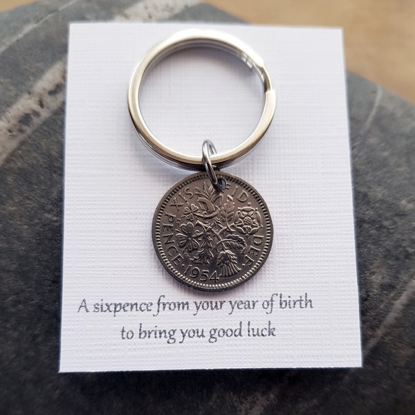 Birth Date Keyring 1954, Lucky Sixpence Keyring, 70th birthday gift, 70th Birthday, Birth Gift 1954, Dads Birthday, Grandad Birthday