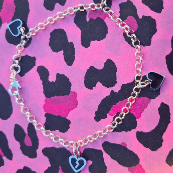 Yungblud Inspired Sterling Silver Charm Bracelet, Black Hearts Club Bracelet, Yungblud Charm Bracelet