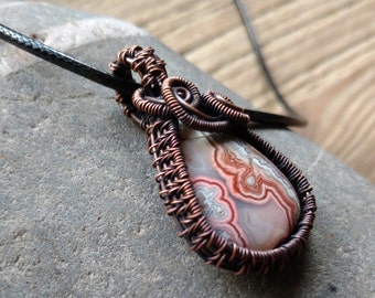 Teardrop Crazy Lace Agate and Copper Swirl Wire Weave Pendant, Copper Necklace,7th Anniversary, 9th Anniversary, Copper Anniversary