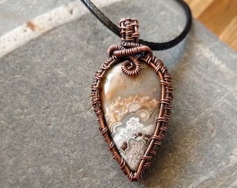 Teardrop Crazy Lace Agate and Copper Wire Weave Pendant, 7th Anniversary, 9th Anniversary, Copper Anniversary