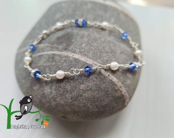 Sapphire Swarovski Crystal, Swarovski White Pearl and Sterling Silver Bracelet