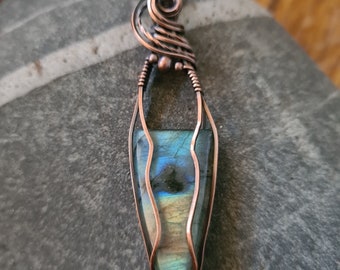 Triangular Labradorite and Copper Wire Weave Pendant, 7th Anniversary, 9th Anniversary, Copper Anniversary