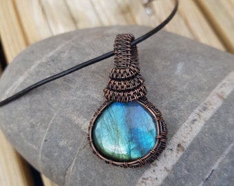 Rounded Oval Labradorite and Patina Copper Wire Weave Pendant, 7th Anniversary, 9th Anniversary, Copper Anniversary