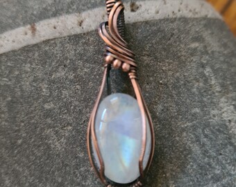 Rainbow Moonstone and Copper Wire Weave Pendant, 7th Anniversary, 9th Anniversary, Copper Anniversary