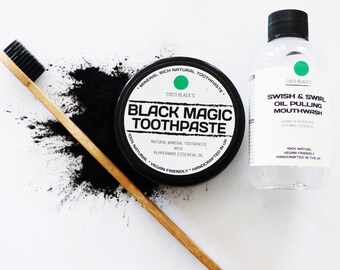 Black Magic Charcoal Tooth Polish + Coconut & Peppermint Oil Pulling Mouthwash + Bamboo Charcoal Bristle Toothbrush
