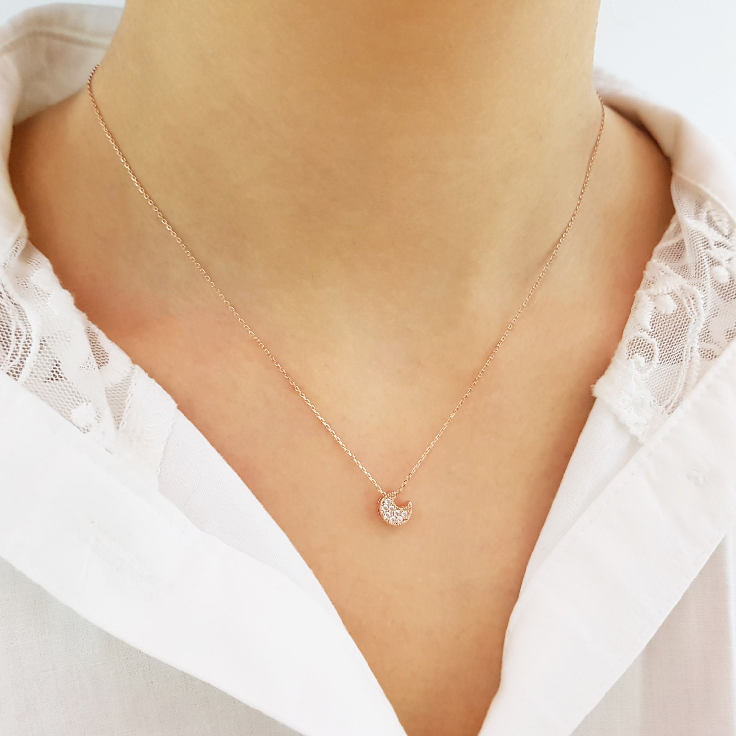 Delicate crescent cubic necklace/ Moon necklace / Crescent | Etsy