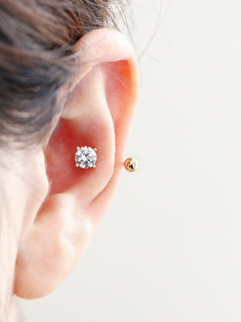 18g Eer lobe piercing 14K Gold CZ tragus earring,Cartilage earring,Cartilage earring,Helix earring,Ear Jacket gold earring
