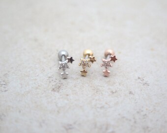 Triple star Piercing/CZ Stud Ear Piercing/Tragus Earring/Cartilage earring/Tragus stud /Tragus Piercing/CZ piercing/Body jewelry/Helix/conch