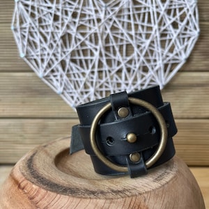 Black Leather Women&#39;s Bracelet, Unique Wide Cuff Bracelet for her