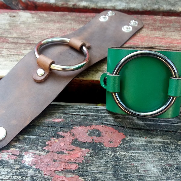 BROWN LEATHER BRACELET, Cuff Wide Bracelet with Circle, Gift Women, Hoop Bracelet