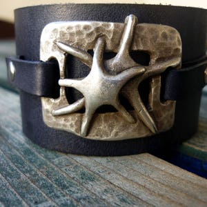 leather bracelet for women, wide bangle bracelet, womens leather cuff with Starfish
