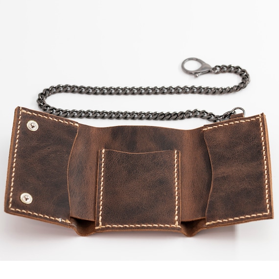 Leather Trifold Wallet With Snap Closure and Chain, Leather