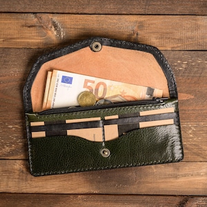 leather wallet, green bifold wallet, personalized card holder, Wallet with zippered Coin Pocket