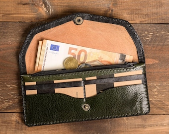 Billetera de cuero, billetera plegable verde, tarjetero personalizado, billetera con bolsillo para monedas con cremallera