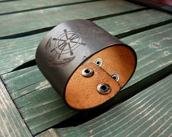 Personalized Leather Bracelet with anchor, black cuff, custom bracelet