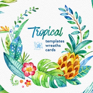 Tropical. Couronnes de fleurs, cartes, gabarit. Aquarelle clipart, jungle, fleurs, ananas, cartes, bricolage, invitation, bébé, art, feuille, feuillage