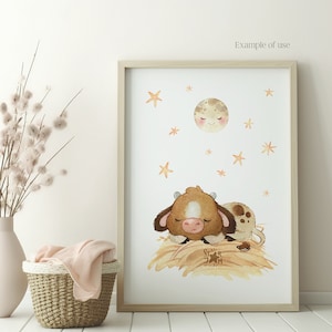 Sleeping Animals. Farm. Watercolor clipart, cow, pig, horse, cat, sheep, pillow, moon, country, template, stars, clouds, dream, png, nursery image 3