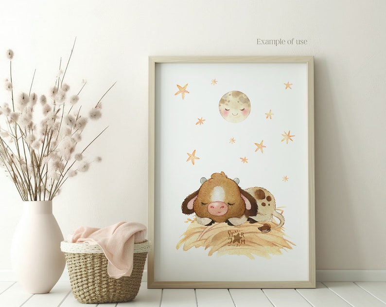 Sleeping Animals. Farm. Watercolor clipart, cow, pig, horse, cat, sheep, pillow, moon, country, template, stars, clouds, dream, png, nursery image 3