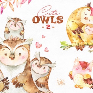 Hiboux mignons 2. Oiseaux forestiers clip art, aquarelle, couronne, fleurs, salutation, invitation, babyshower, boisé, automne, sauvage, enfants, sympa, planificateurs